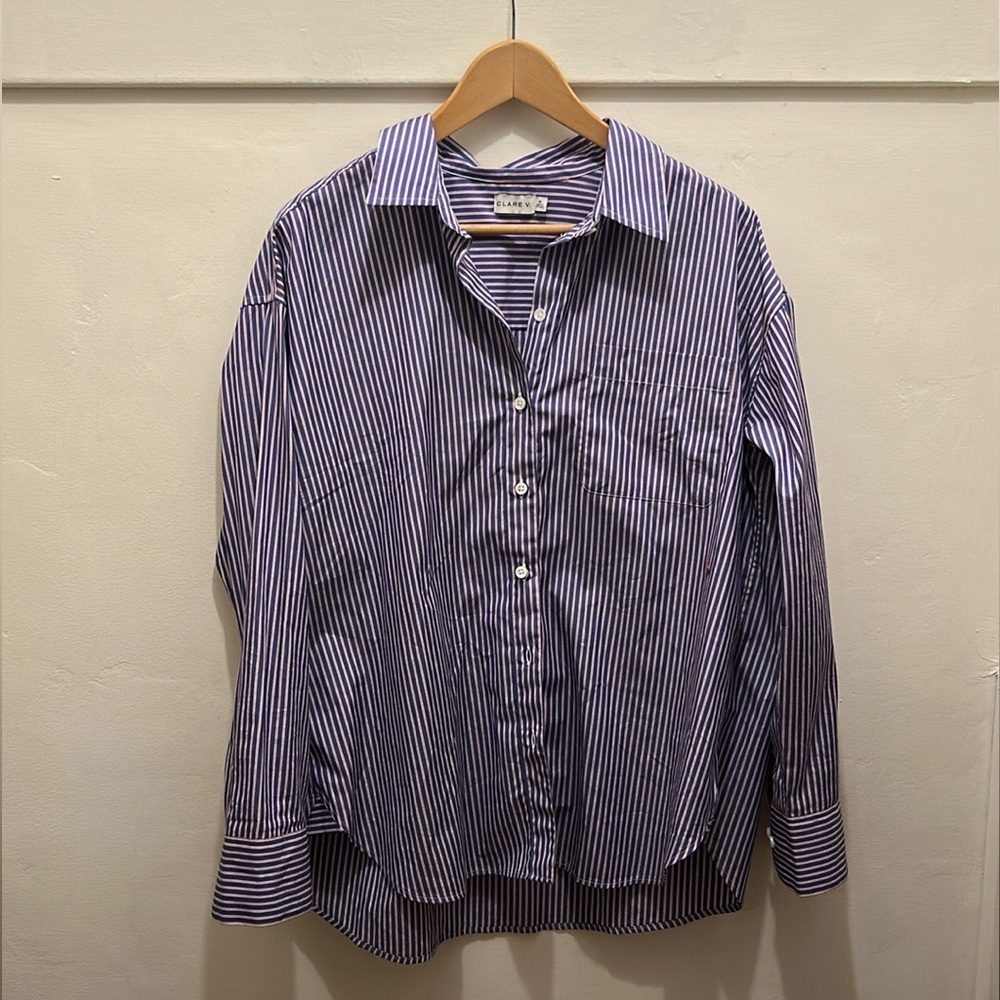 Clare V Emilette Oversized Shirt, Blue & Poppy Stripe - Medium